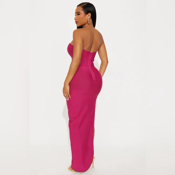 FASHIONNOVA Dark Pink Strapless Bandage Maxi Fitted Scalloped Side Slit Dress - Picture 3 of 3